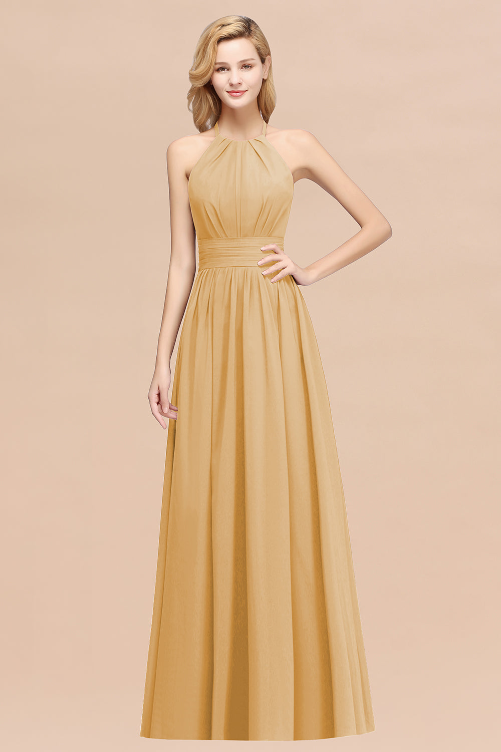 Elegant High-Neck Halter Long Affordable Bridesmaid dresses with Ruffles - Fashionpara