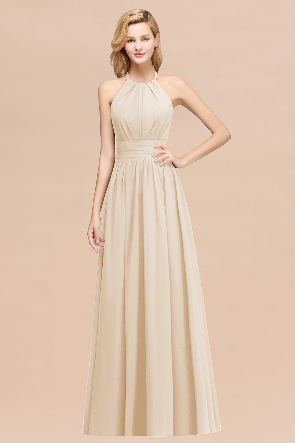 Elegant High-Neck Halter Long Affordable Bridesmaid dresses with Ruffles - Fashionpara