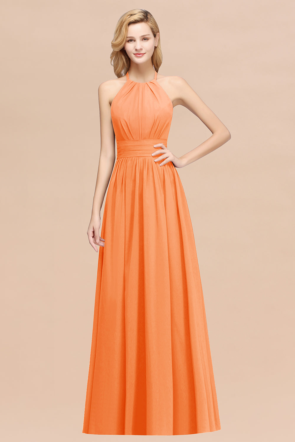 Elegant High-Neck Halter Long Affordable Bridesmaid dresses with Ruffles - Fashionpara