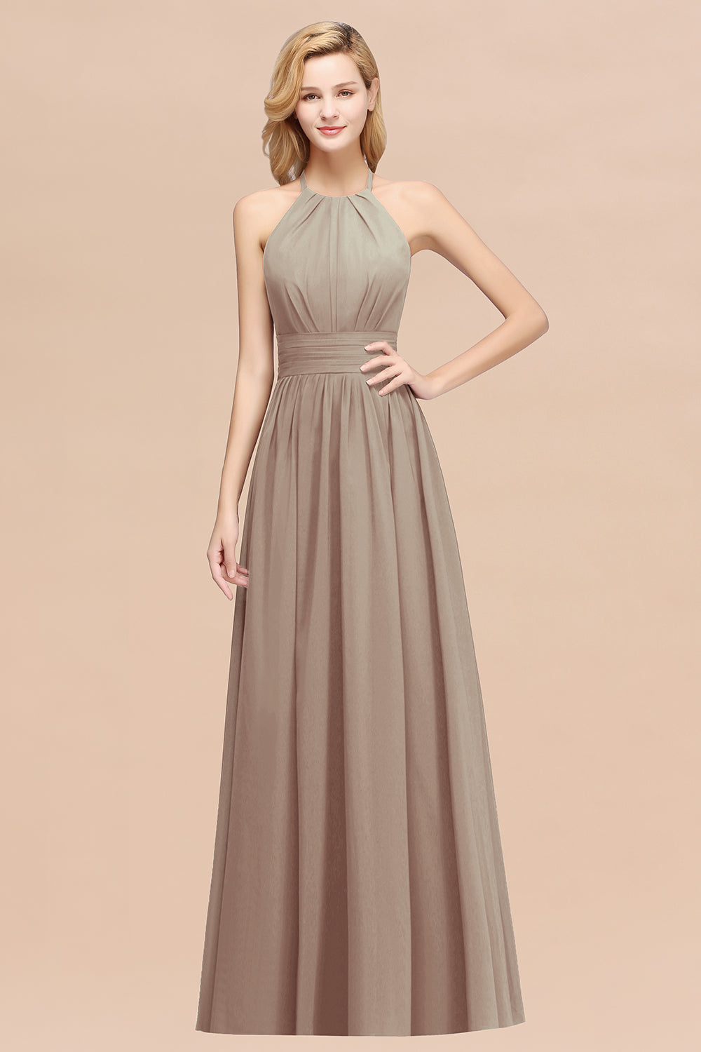 Elegant High-Neck Halter Long Affordable Bridesmaid dresses with Ruffles - Fashionpara