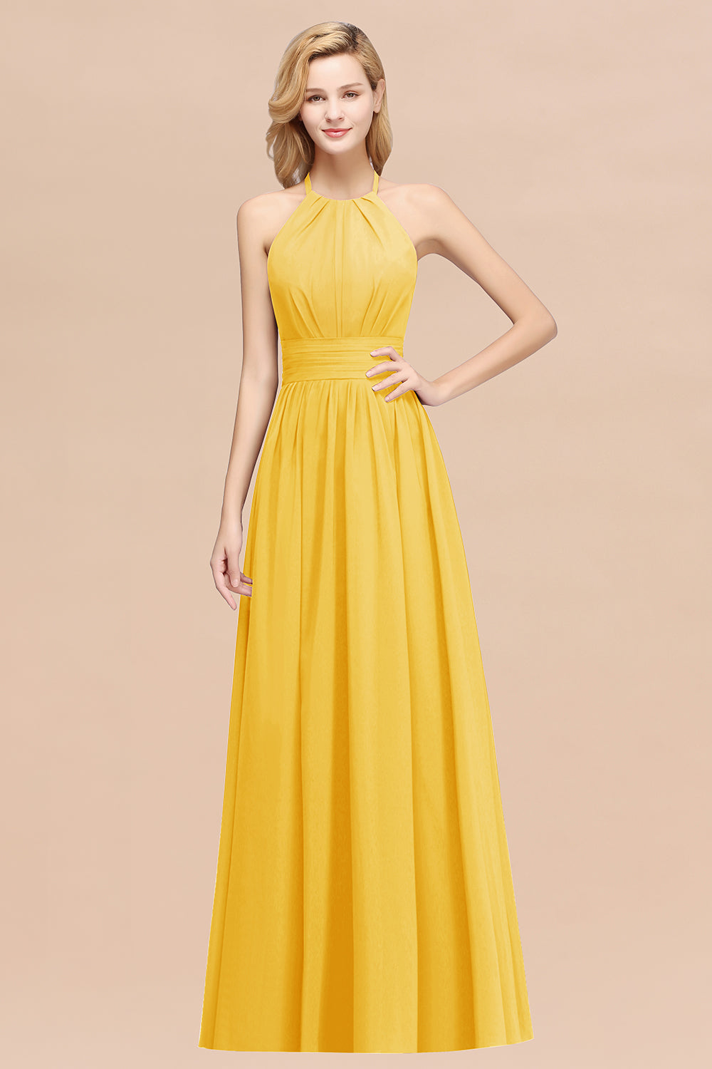 Elegant High-Neck Halter Long Affordable Bridesmaid dresses with Ruffles - Fashionpara
