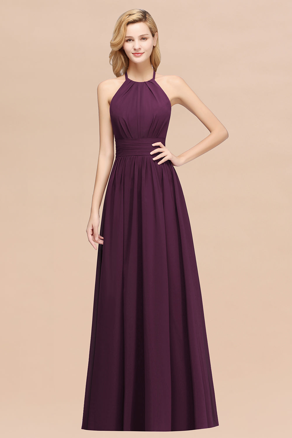Elegant High-Neck Halter Long Affordable Bridesmaid dresses with Ruffles - Fashionpara