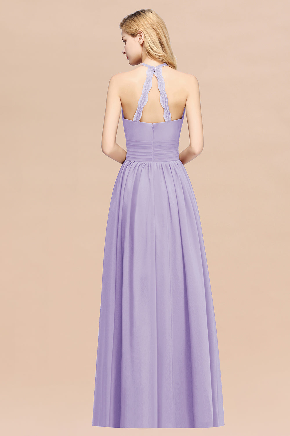 Elegant High-Neck Halter Long Affordable Bridesmaid dresses with Ruffles - Fashionpara