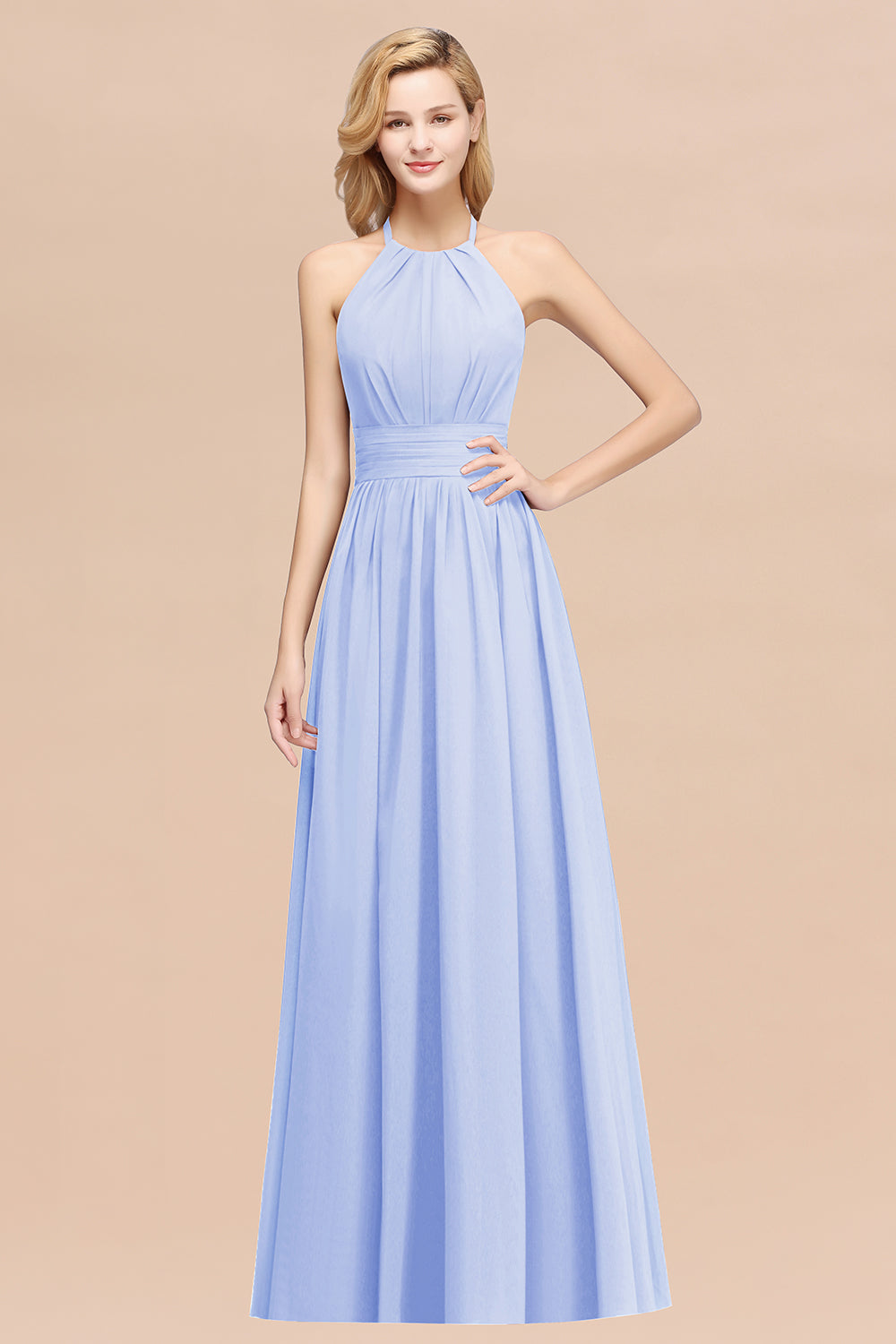 Elegant High-Neck Halter Long Affordable Bridesmaid dresses with Ruffles - Fashionpara
