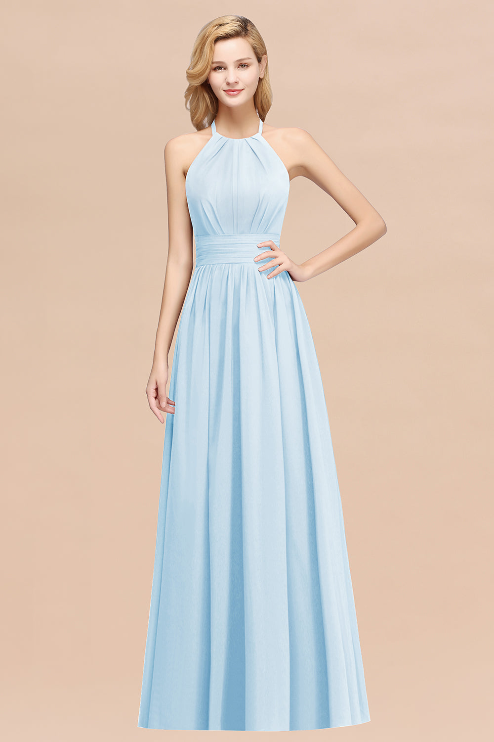 Elegant High-Neck Halter Long Affordable Bridesmaid dresses with Ruffles - Fashionpara