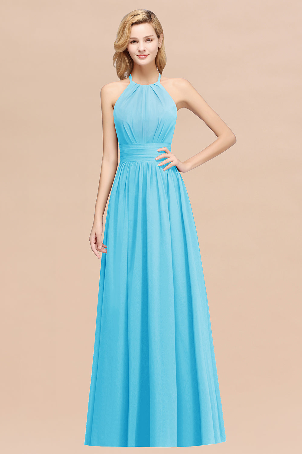 Elegant High-Neck Halter Long Affordable Bridesmaid dresses with Ruffles - Fashionpara