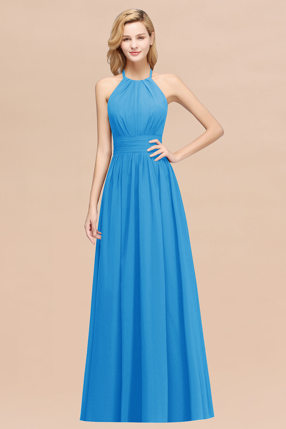 Elegant High-Neck Halter Long Affordable Bridesmaid dresses with Ruffles - Fashionpara