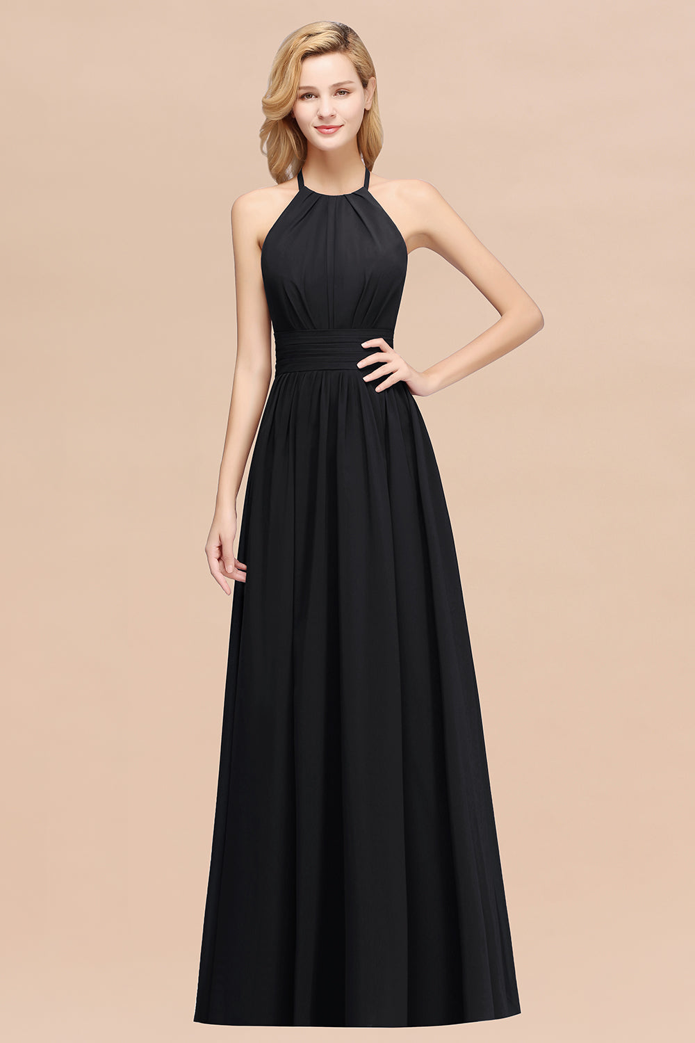 Elegant High-Neck Halter Long Affordable Bridesmaid dresses with Ruffles - Fashionpara