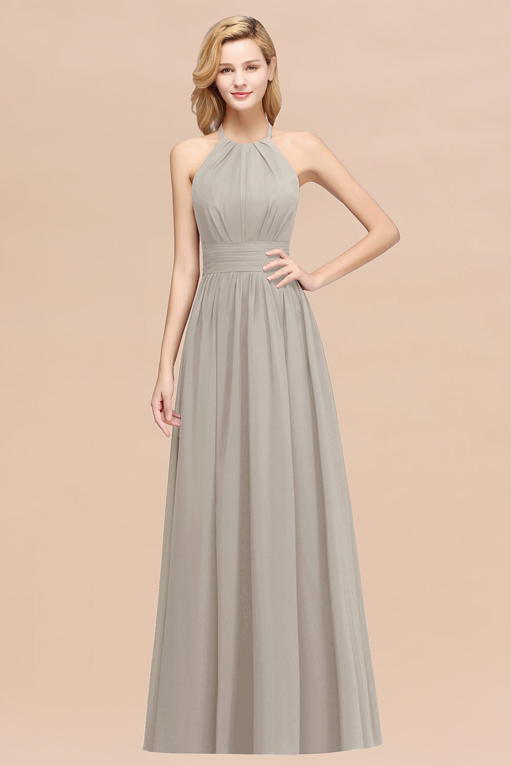 Elegant High-Neck Halter Long Affordable Bridesmaid dresses with Ruffles - Fashionpara