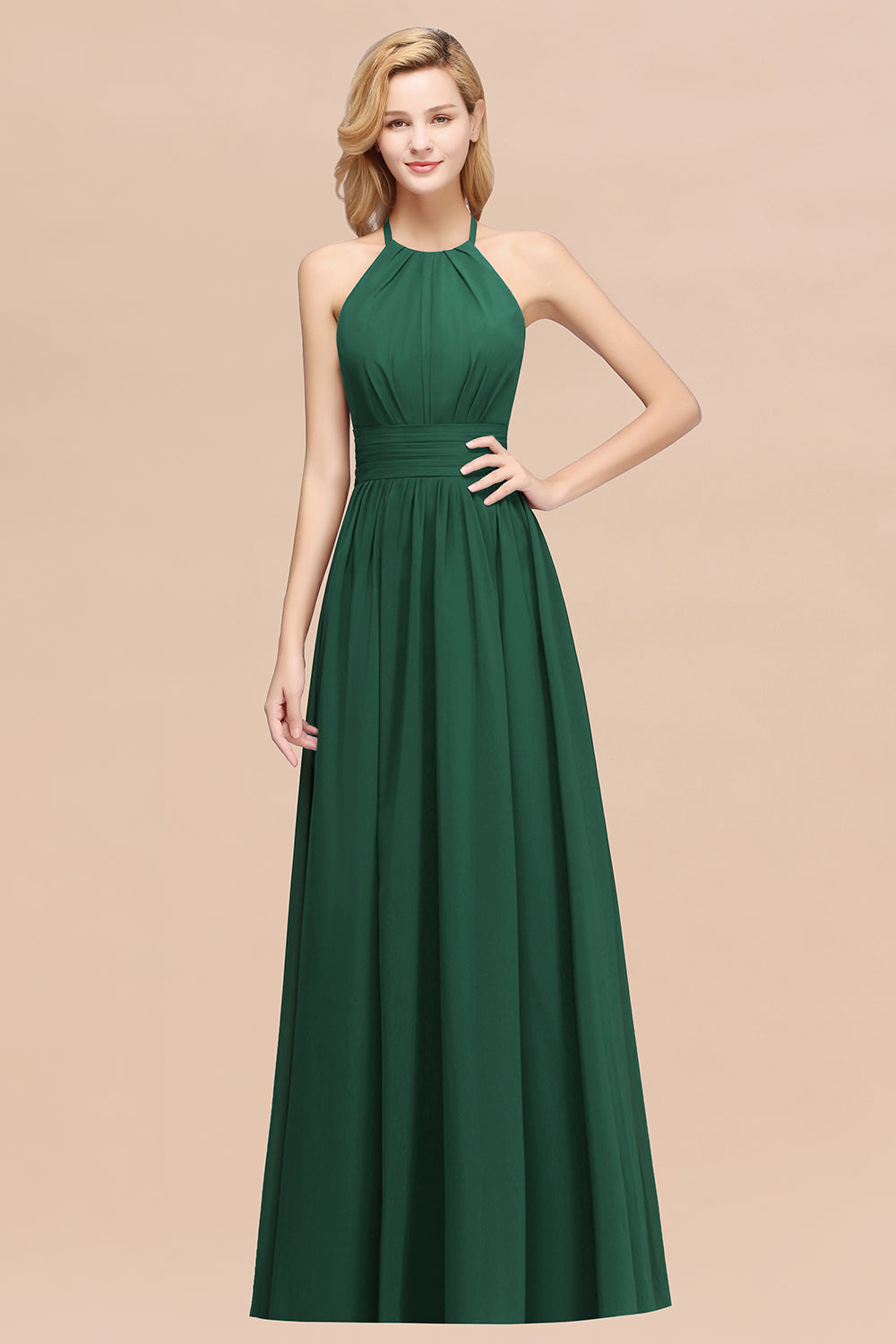 Elegant High-Neck Halter Long Affordable Bridesmaid dresses with Ruffles - Fashionpara