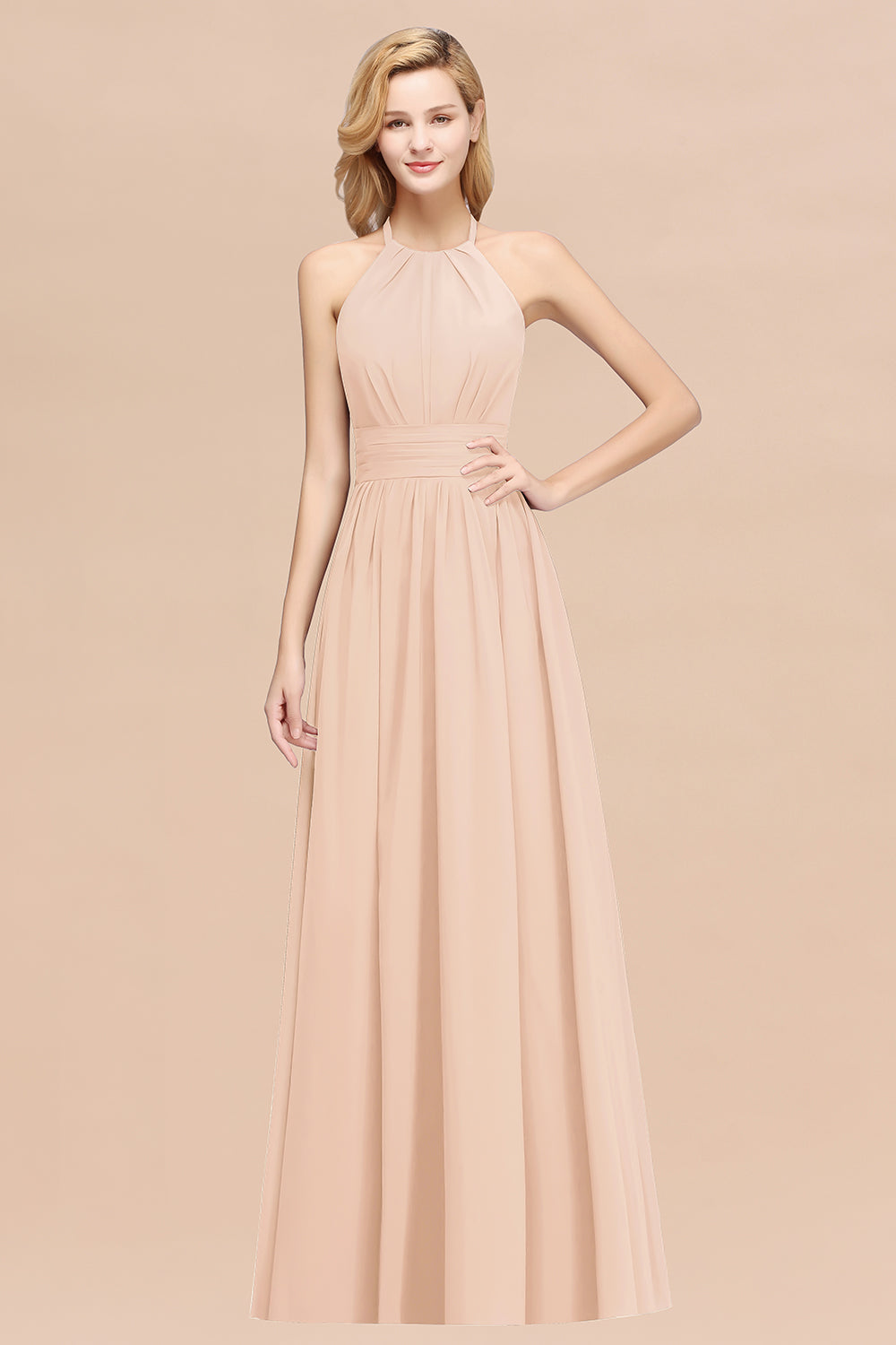 Elegant High-Neck Halter Long Affordable Bridesmaid dresses with Ruffles - Fashionpara