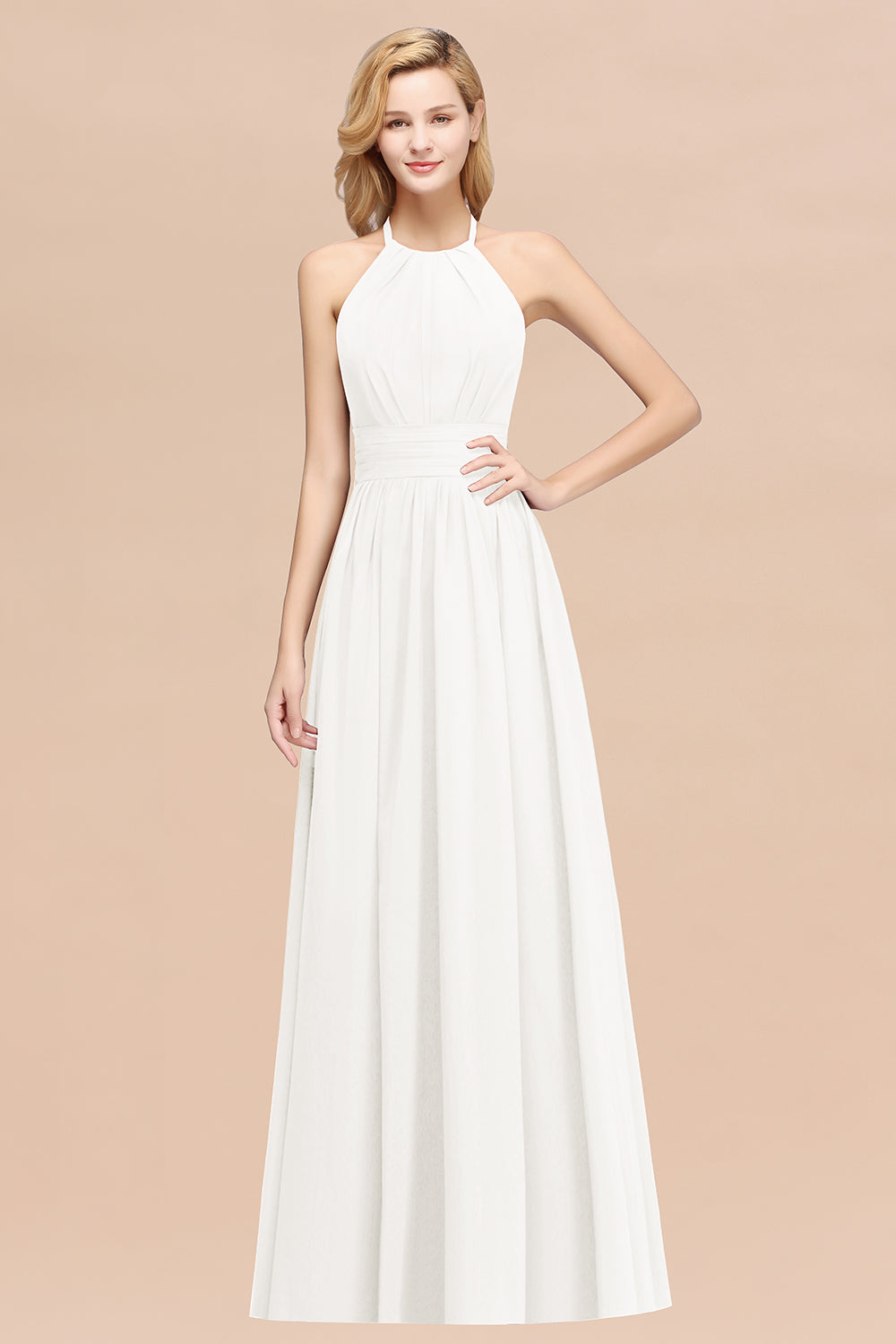 Elegant High-Neck Halter Long Affordable Bridesmaid dresses with Ruffles - Fashionpara