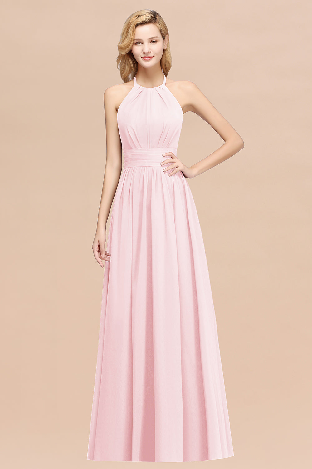Elegant High-Neck Halter Long Affordable Bridesmaid dresses with Ruffles - Fashionpara
