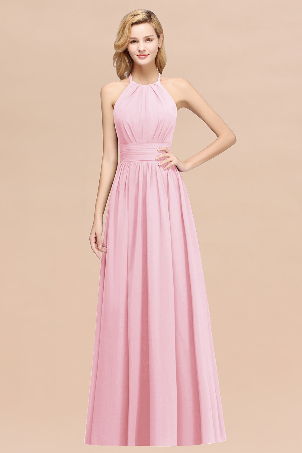 Elegant High-Neck Halter Long Affordable Bridesmaid dresses with Ruffles - Fashionpara