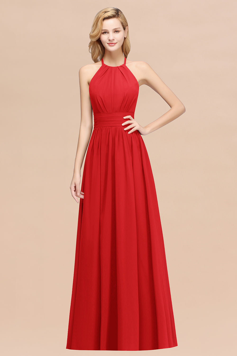 Elegant High-Neck Halter Long Affordable Bridesmaid dresses with Ruffles - Fashionpara