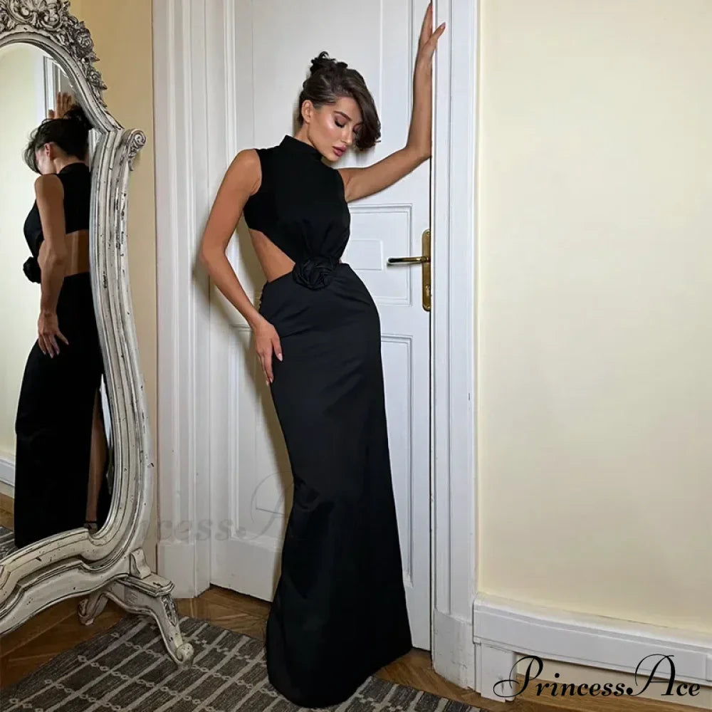 Elegant Hollow Back Sexy Solid Color Turtle Neck Sleeveless Dress Christmas Party Dress