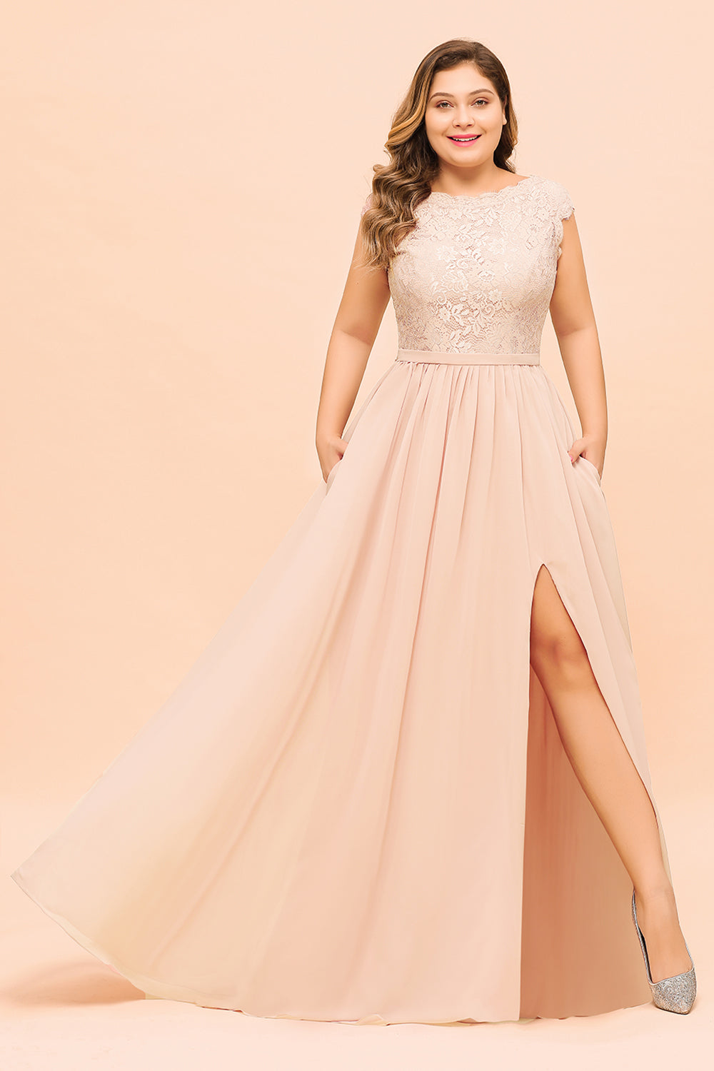 Elegant Jewel Chiffon Lace Affordable Bridesmaid dresses with Slit - Fashionpara