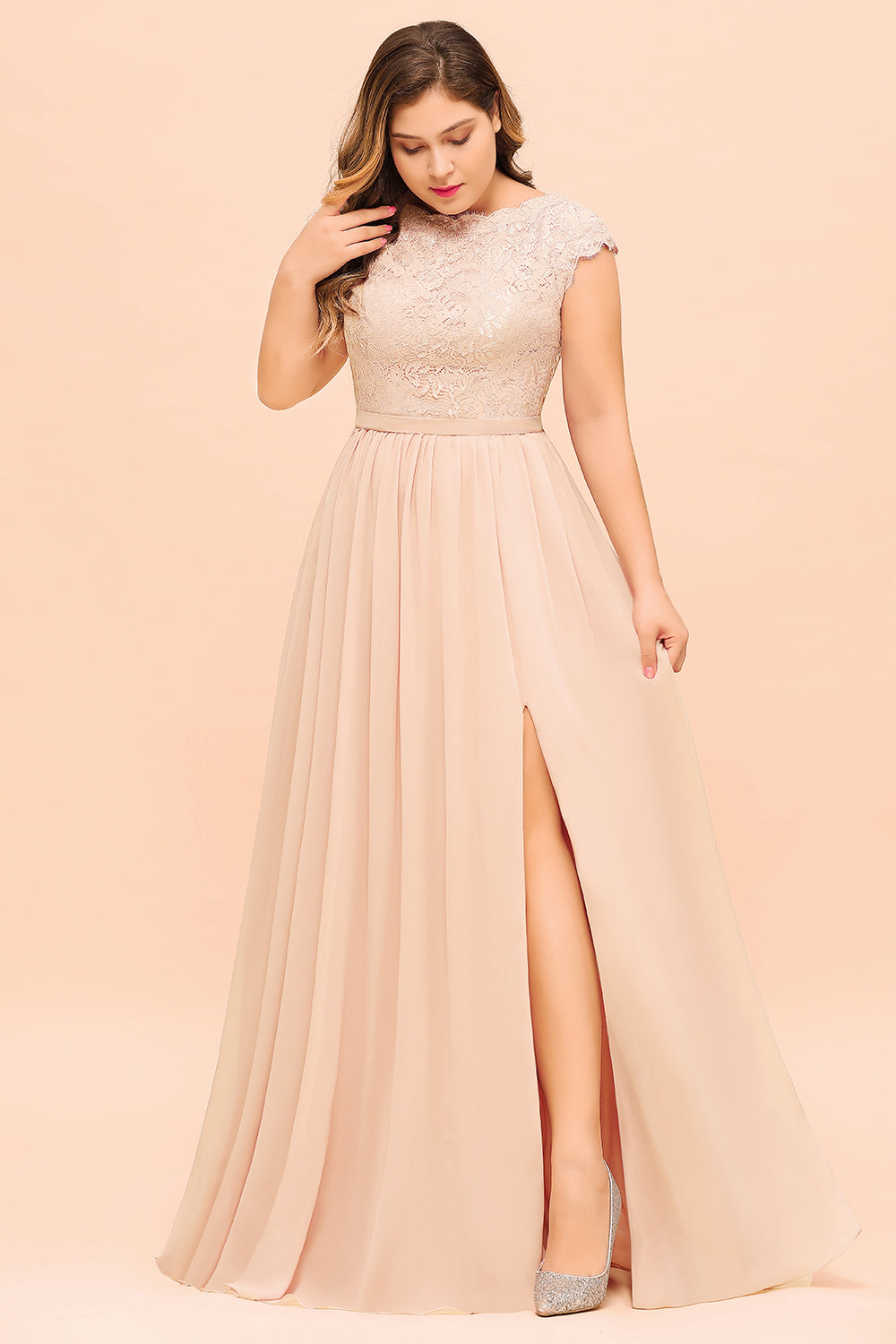 Elegant Jewel Chiffon Lace Affordable Bridesmaid dresses with Slit - Fashionpara