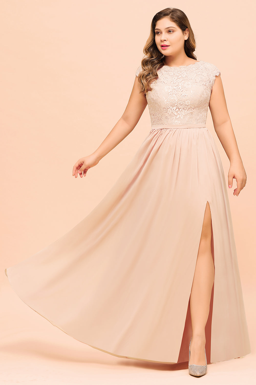 Elegant Jewel Chiffon Lace Affordable Bridesmaid dresses with Slit - Fashionpara