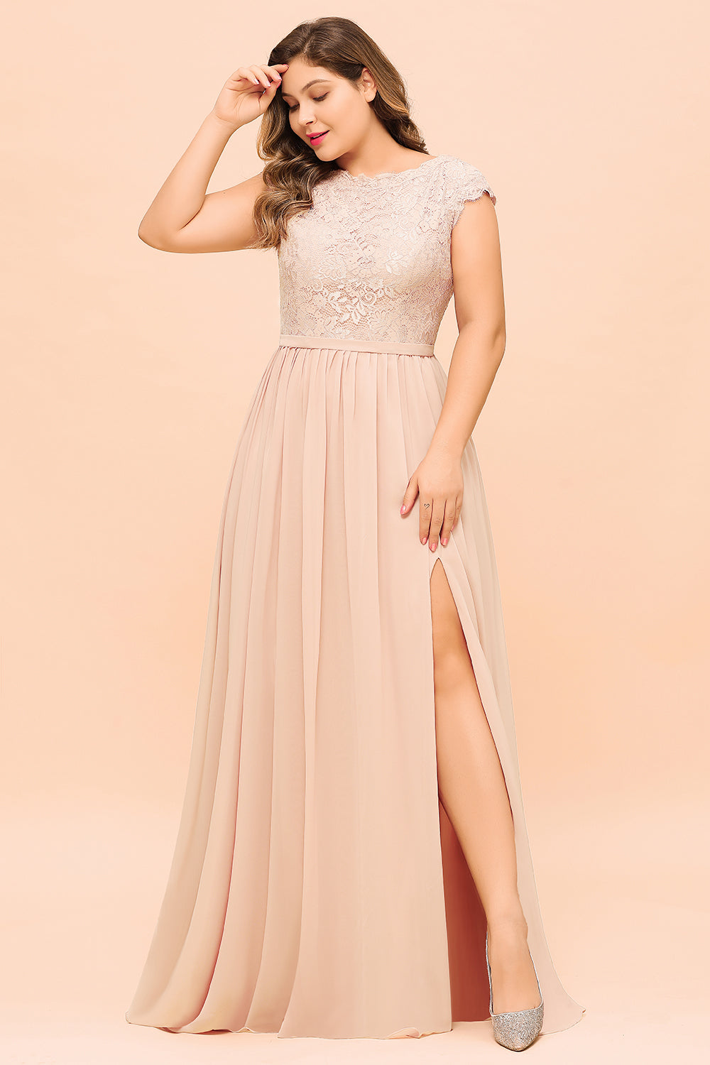 Elegant Jewel Chiffon Lace Affordable Bridesmaid dresses with Slit - Fashionpara