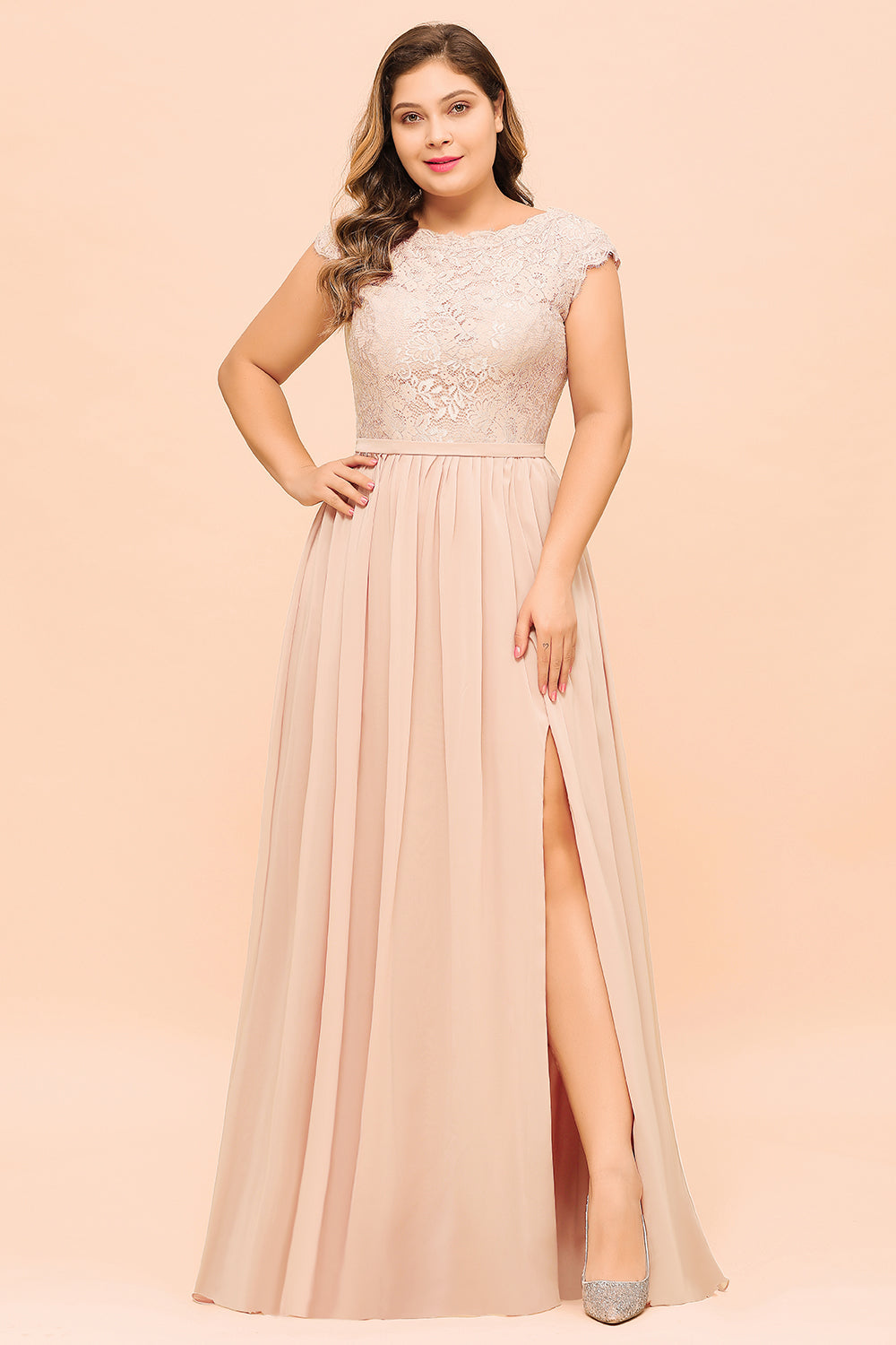 Elegant Jewel Chiffon Lace Affordable Bridesmaid dresses with Slit - Fashionpara