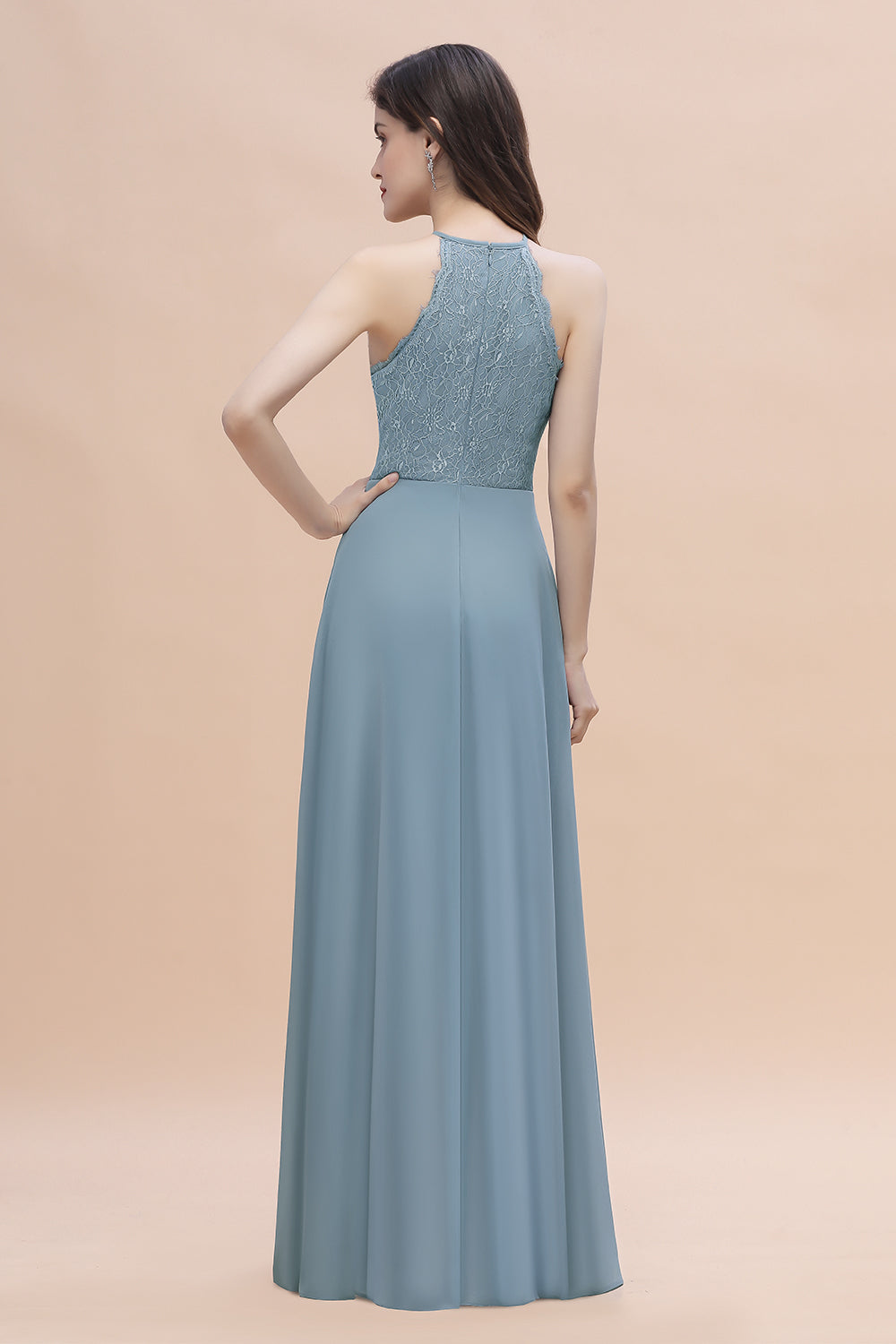 Elegant Jewel Lace Appliques Dusty Blue Chiffon Bridesmaid Dresses On Sale - Fashionpara
