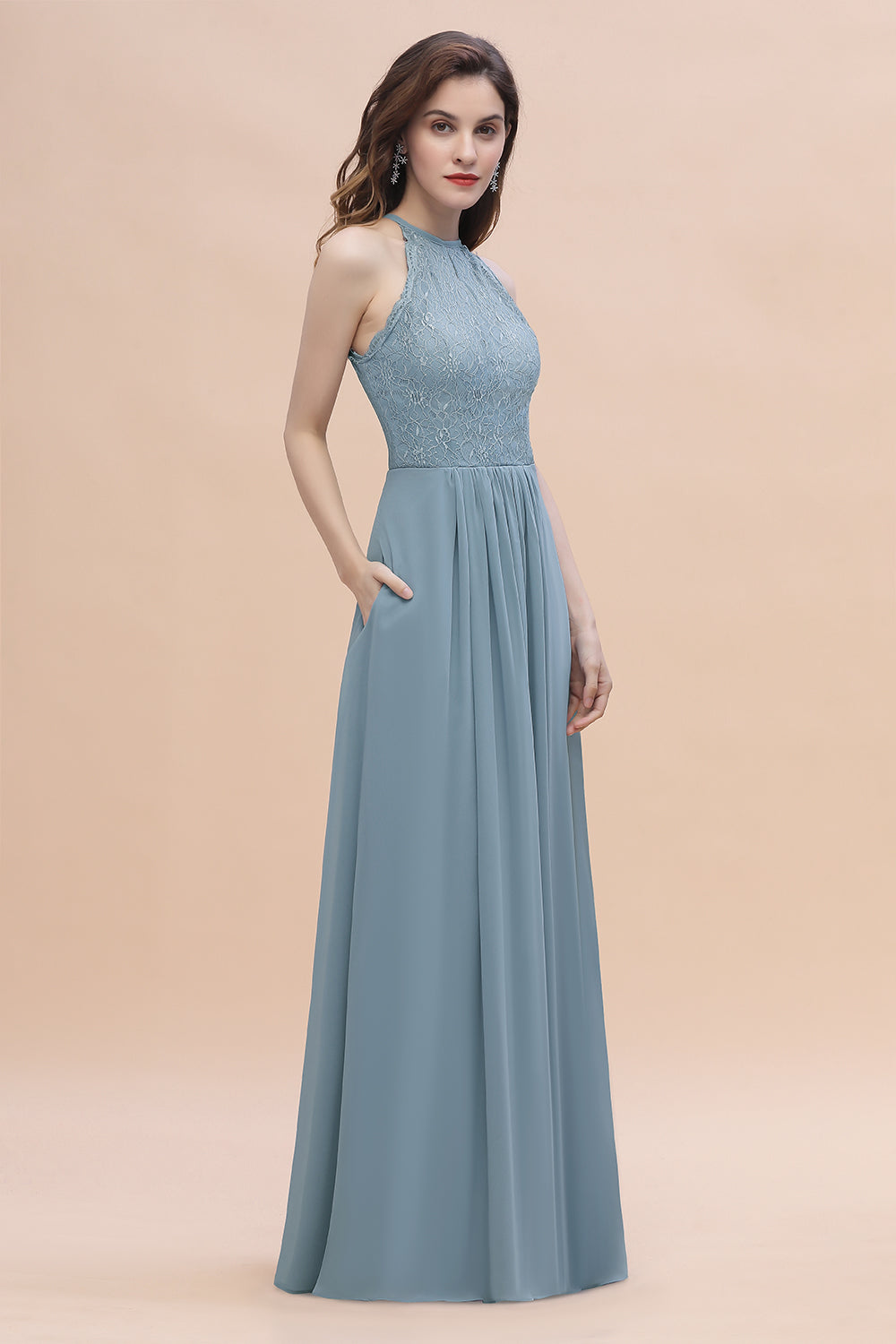 Elegant Jewel Lace Appliques Dusty Blue Chiffon Bridesmaid Dresses On Sale - Fashionpara