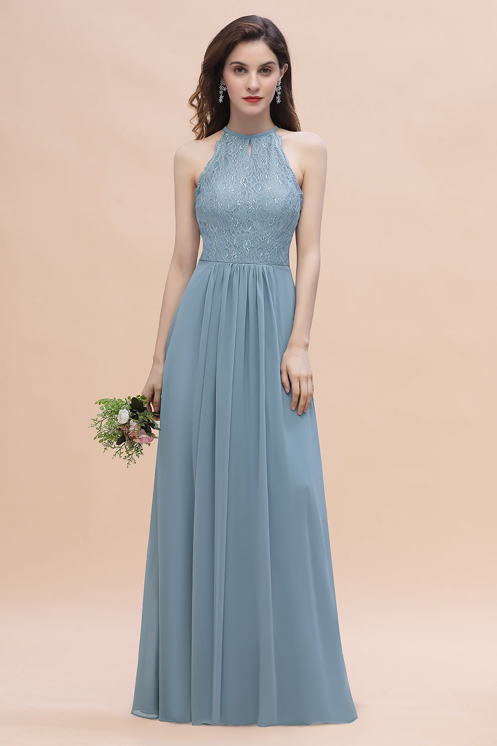 Elegant Jewel Lace Appliques Dusty Blue Chiffon Bridesmaid Dresses On Sale - Fashionpara