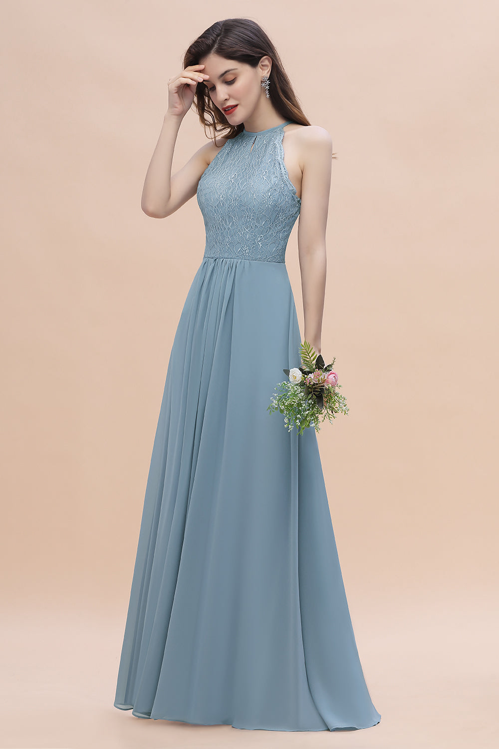 Elegant Jewel Lace Appliques Dusty Blue Chiffon Bridesmaid Dresses On Sale - Fashionpara