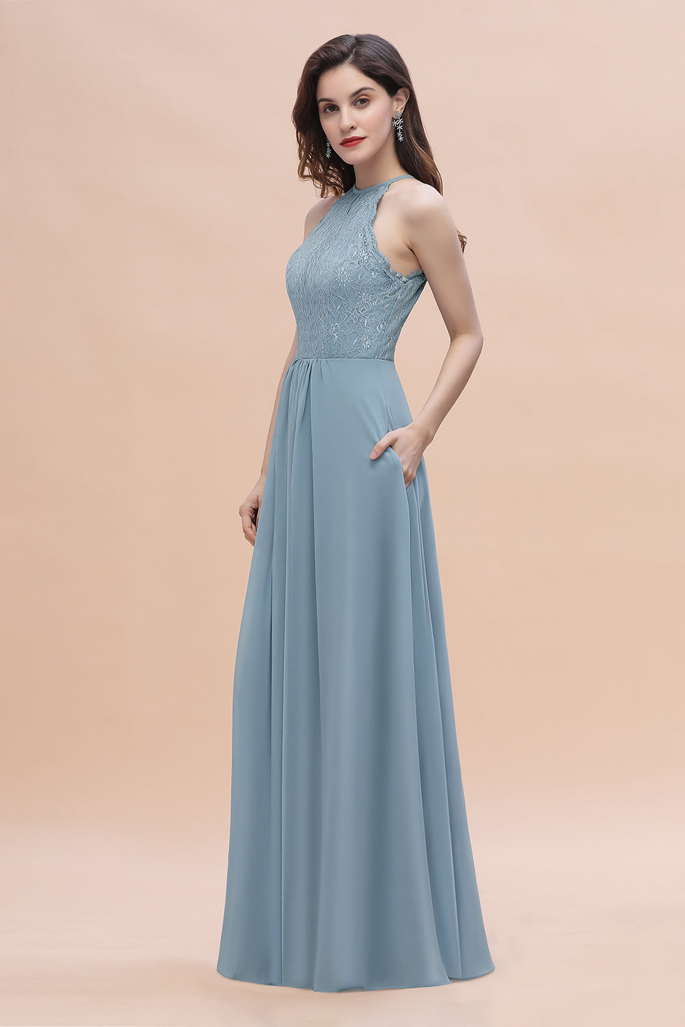 Elegant Jewel Lace Appliques Dusty Blue Chiffon Bridesmaid Dresses On Sale - Fashionpara