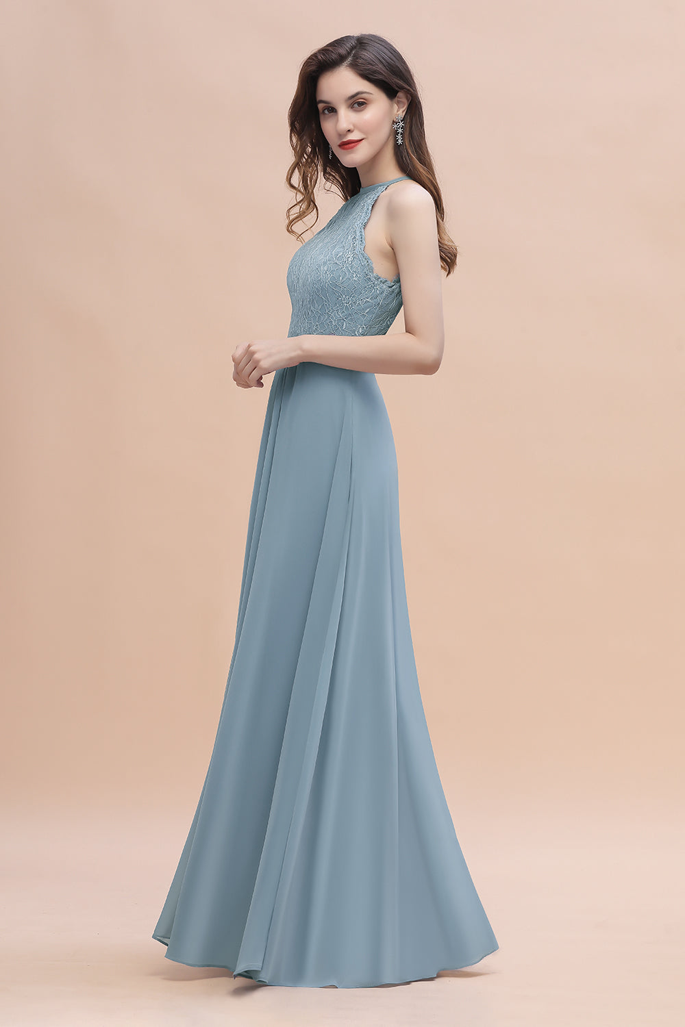 Elegant Jewel Lace Appliques Dusty Blue Chiffon Bridesmaid Dresses On Sale - Fashionpara