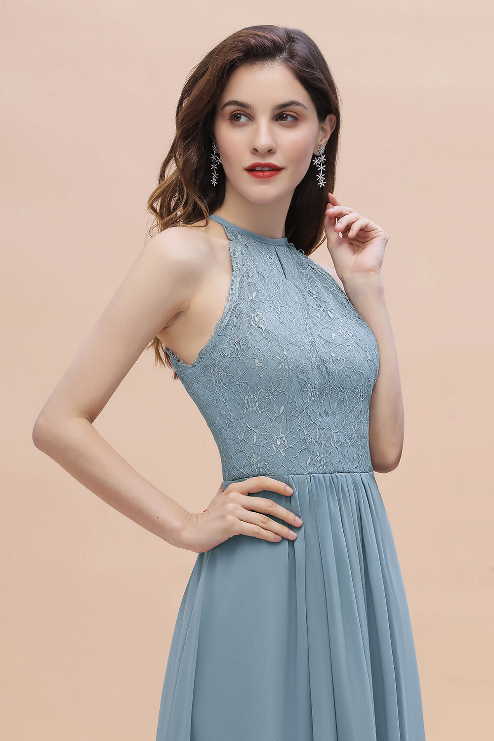 Elegant Jewel Lace Appliques Dusty Blue Chiffon Bridesmaid Dresses On Sale - Fashionpara