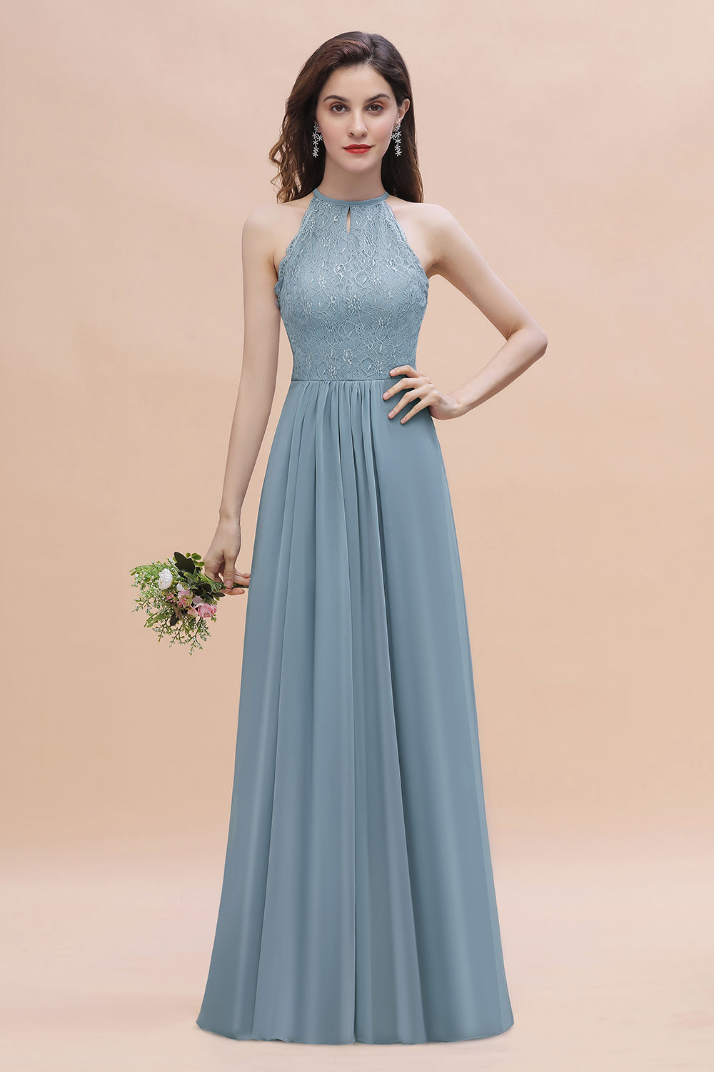 Elegant Jewel Lace Appliques Dusty Blue Chiffon Bridesmaid Dresses On Sale - Fashionpara
