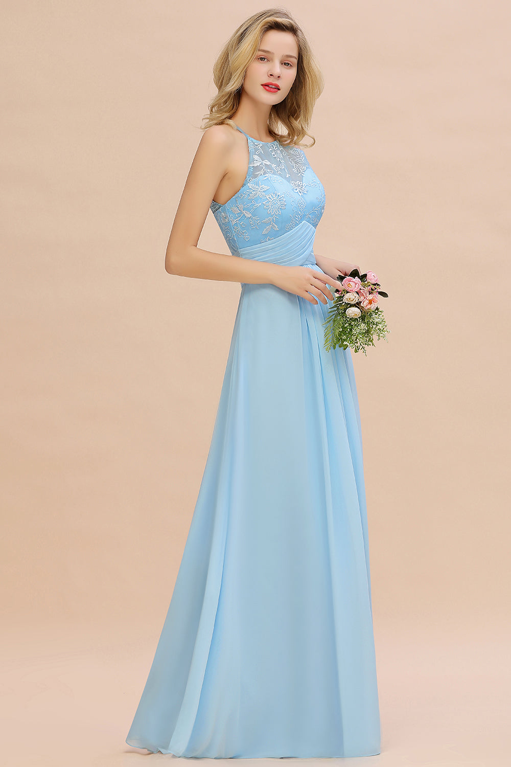 Elegant Jewel Ruffle Affordable Chiffon Bridesmaid Dresses with Appliques - Fashionpara