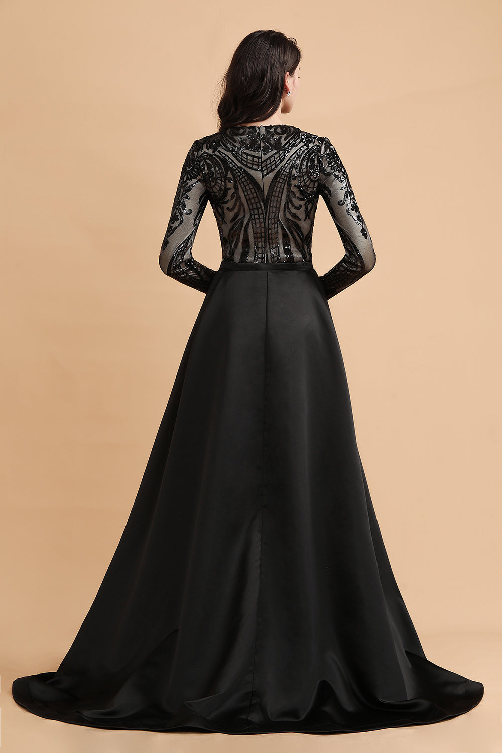 Elegant Jewel Sequined Mermaid Prom Dresses Long Sleeves Appliques Party Dress with Overskirt - Fashionpara
