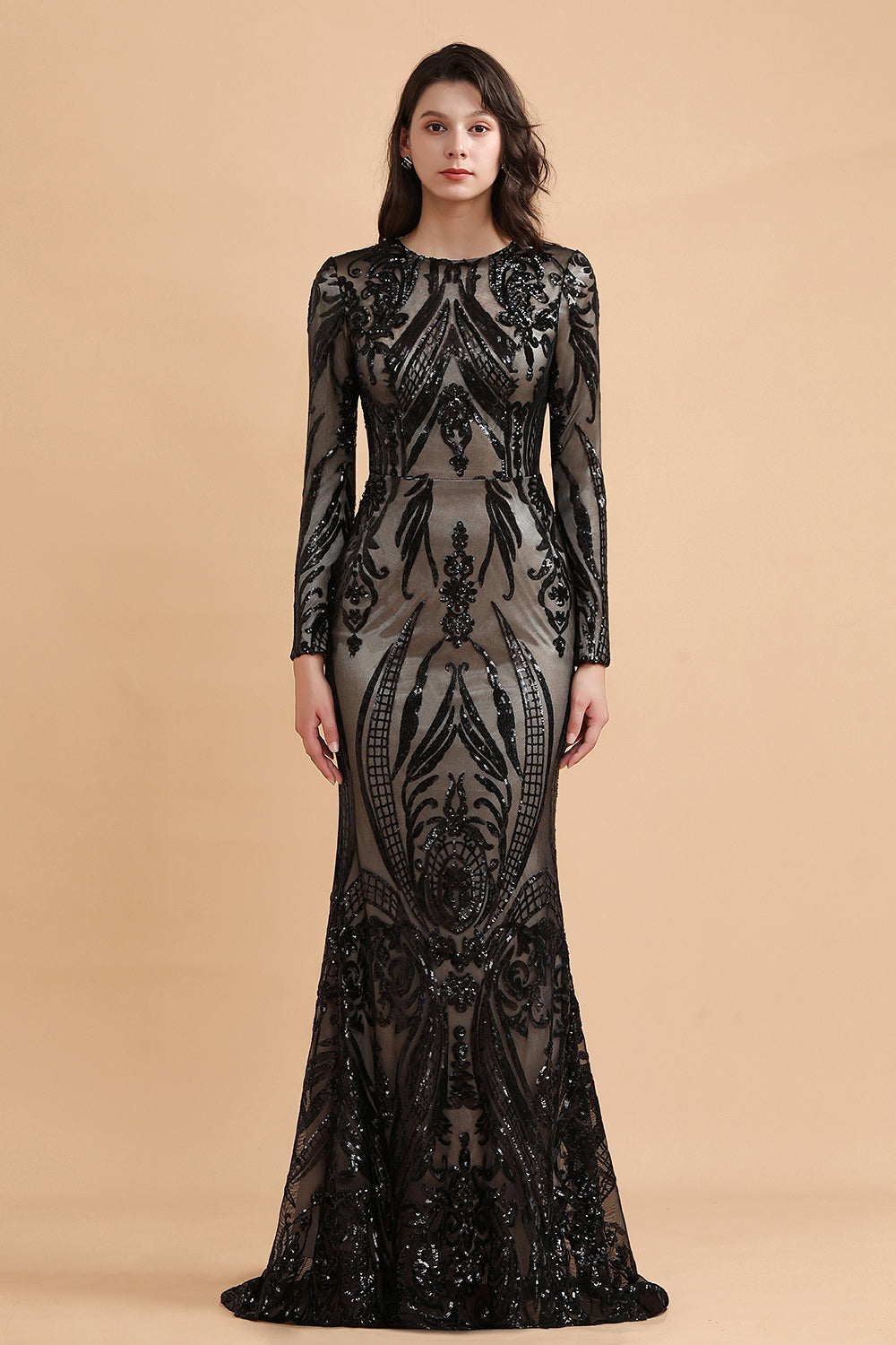 Elegant Jewel Sequined Mermaid Prom Dresses Long Sleeves Appliques Party Dress with Overskirt - Fashionpara