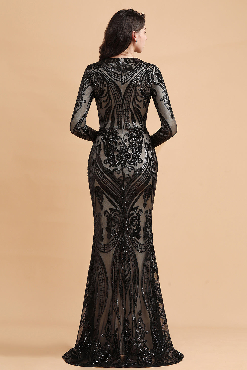 Elegant Jewel Sequined Mermaid Prom Dresses Long Sleeves Appliques Party Dress with Overskirt - Fashionpara