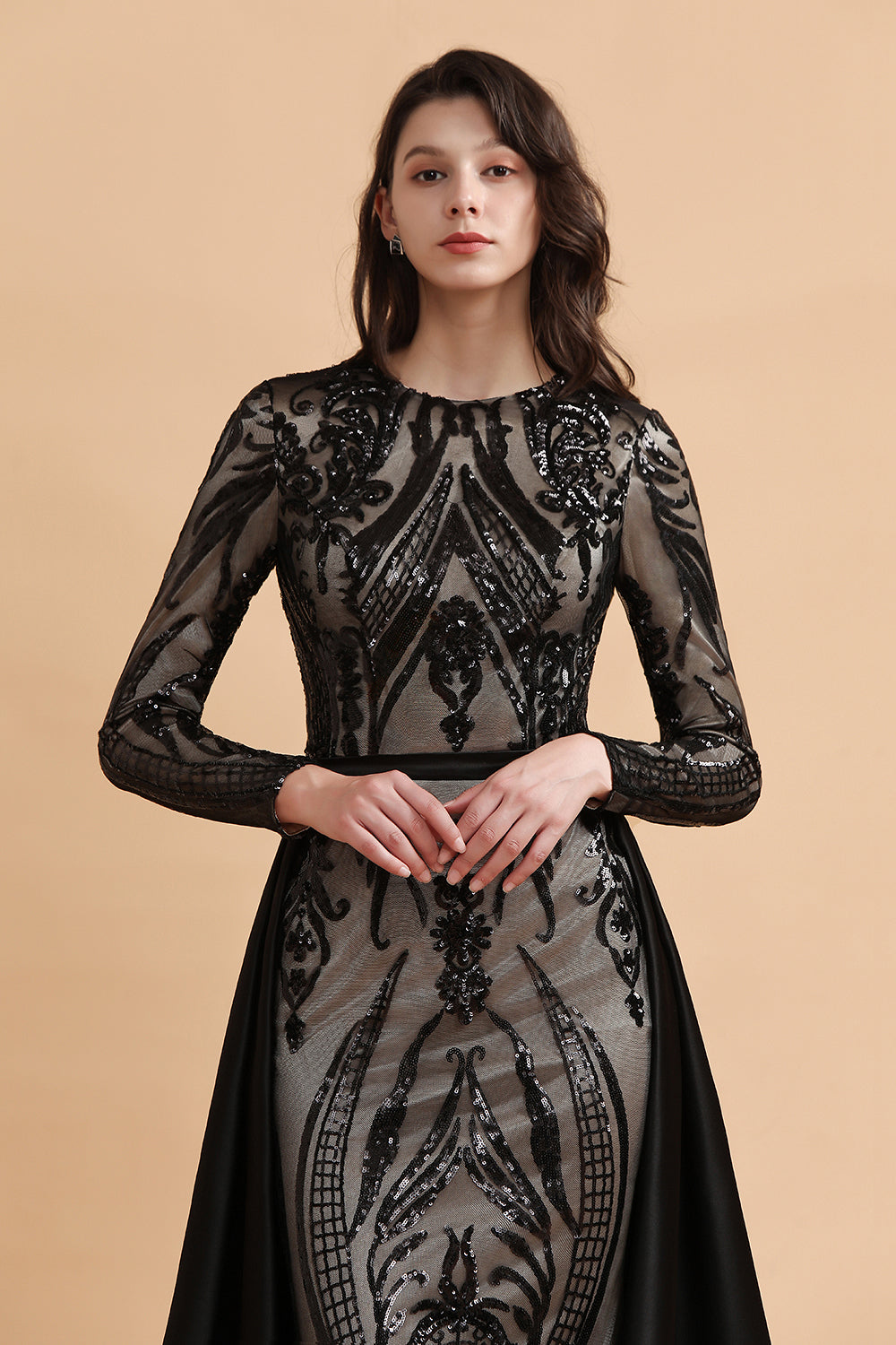 Elegant Jewel Sequined Mermaid Prom Dresses Long Sleeves Appliques Party Dress with Overskirt - Fashionpara