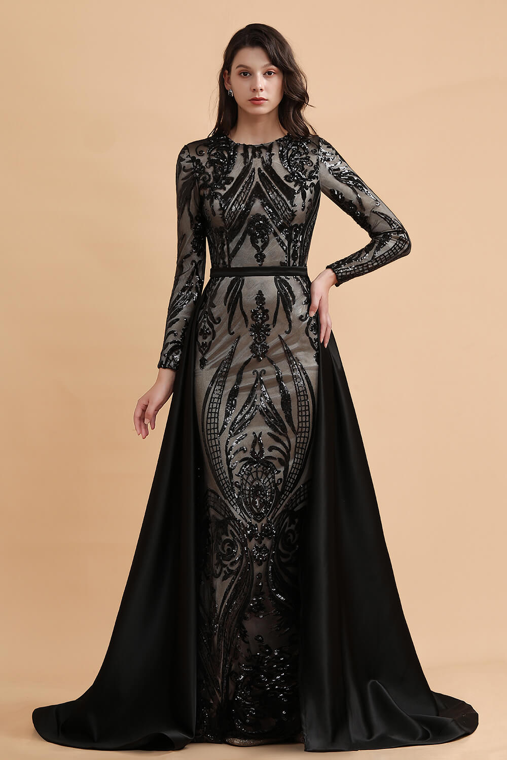 Elegant Jewel Sequined Mermaid Prom Dresses Long Sleeves Appliques Party Dress with Overskirt - Fashionpara