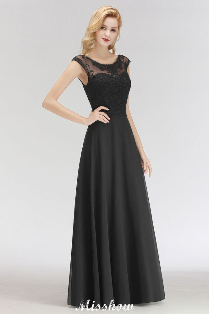 Elegant Jewel Sleeveless floor-Length A-line Lace Black Bridesmaid Dress