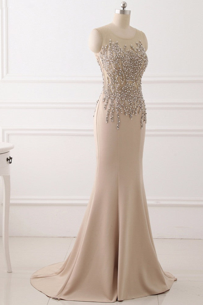 Elegant Jewel Sleeveless Mermaid Prom Dresses with Pearls - Fashionpara