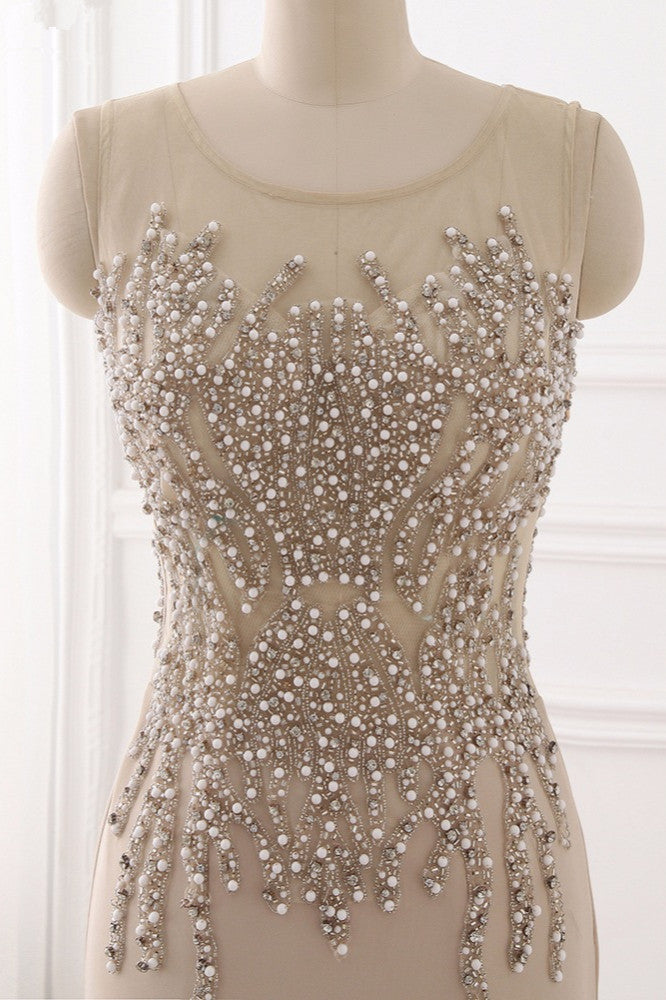Elegant Jewel Sleeveless Mermaid Prom Dresses with Pearls - Fashionpara