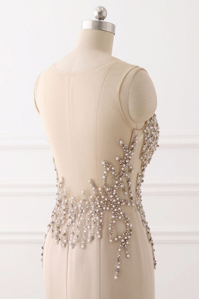 Elegant Jewel Sleeveless Mermaid Prom Dresses with Pearls - Fashionpara