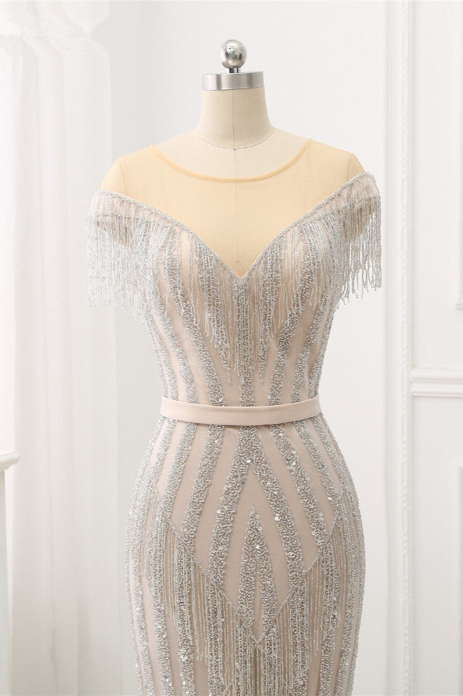 Elegant Jewel Sleeves Silver Mermaid Prom Dresses with Rhinestone - Fashionpara