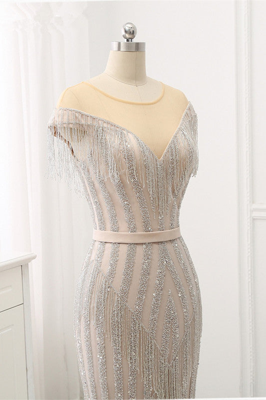 Elegant Jewel Sleeves Silver Mermaid Prom Dresses with Rhinestone - Fashionpara