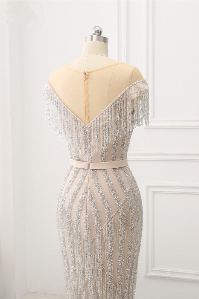 Elegant Jewel Sleeves Silver Mermaid Prom Dresses with Rhinestone - Fashionpara