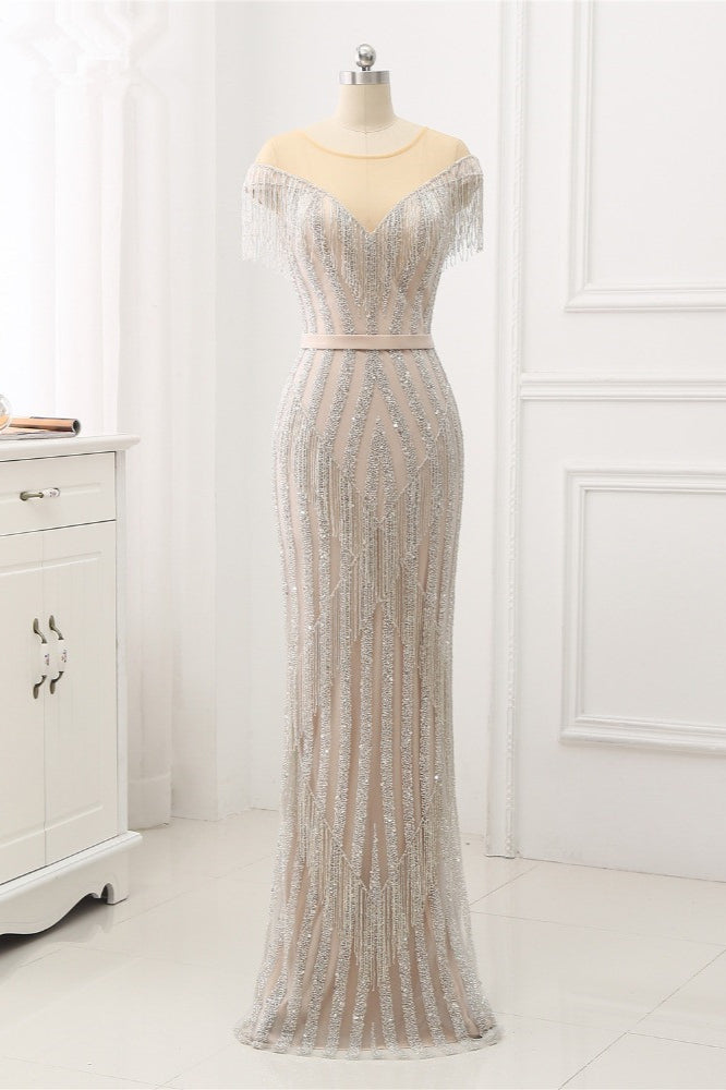 Elegant Jewel Sleeves Silver Mermaid Prom Dresses with Rhinestone - Fashionpara