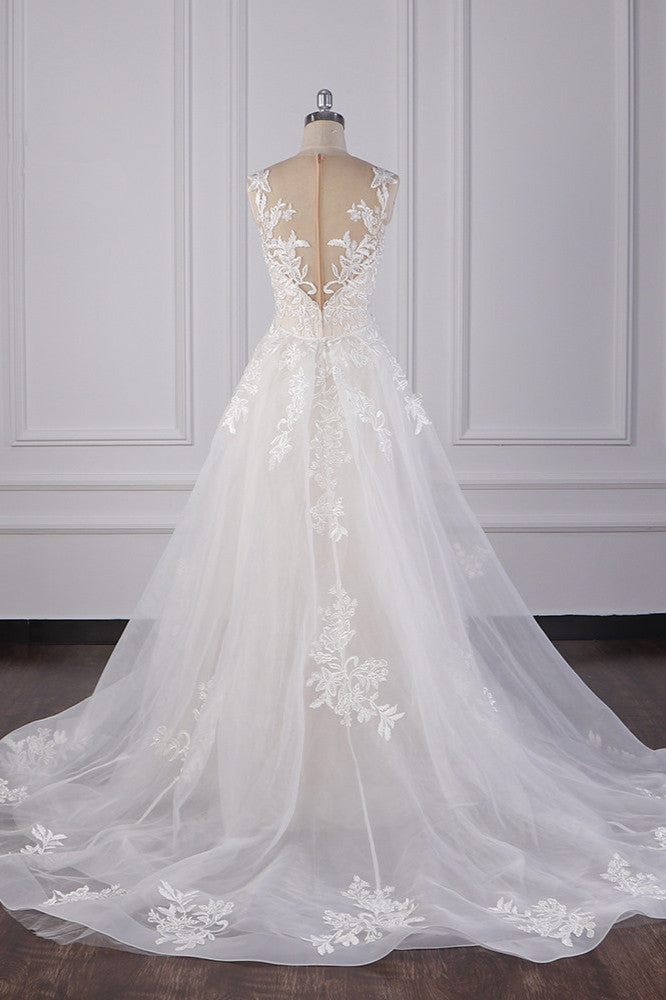Elegant Jewel Tulle Lace Wedding Dress Appliques Sleeveless Mermaid Bridal Gowns - Fashionpara