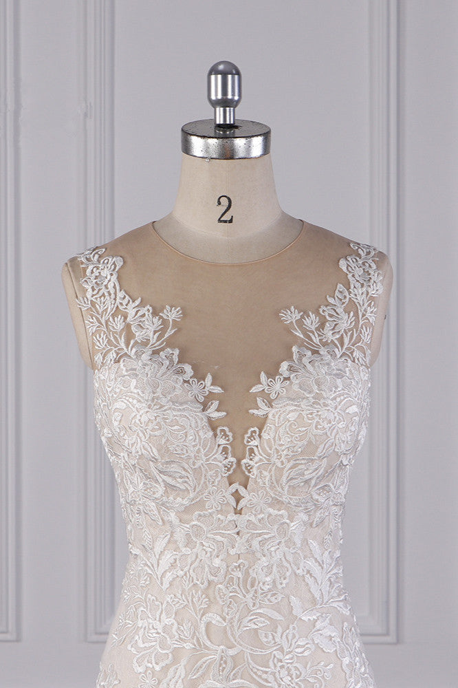 Elegant Jewel Tulle Lace Wedding Dress Appliques Sleeveless Mermaid Bridal Gowns - Fashionpara
