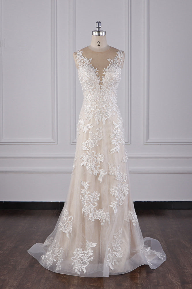 Elegant Jewel Tulle Lace Wedding Dress Appliques Sleeveless Mermaid Bridal Gowns - Fashionpara